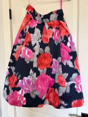 Eliza J Navy A-Line Skirt with Pink, Coral & Gray Floral Print